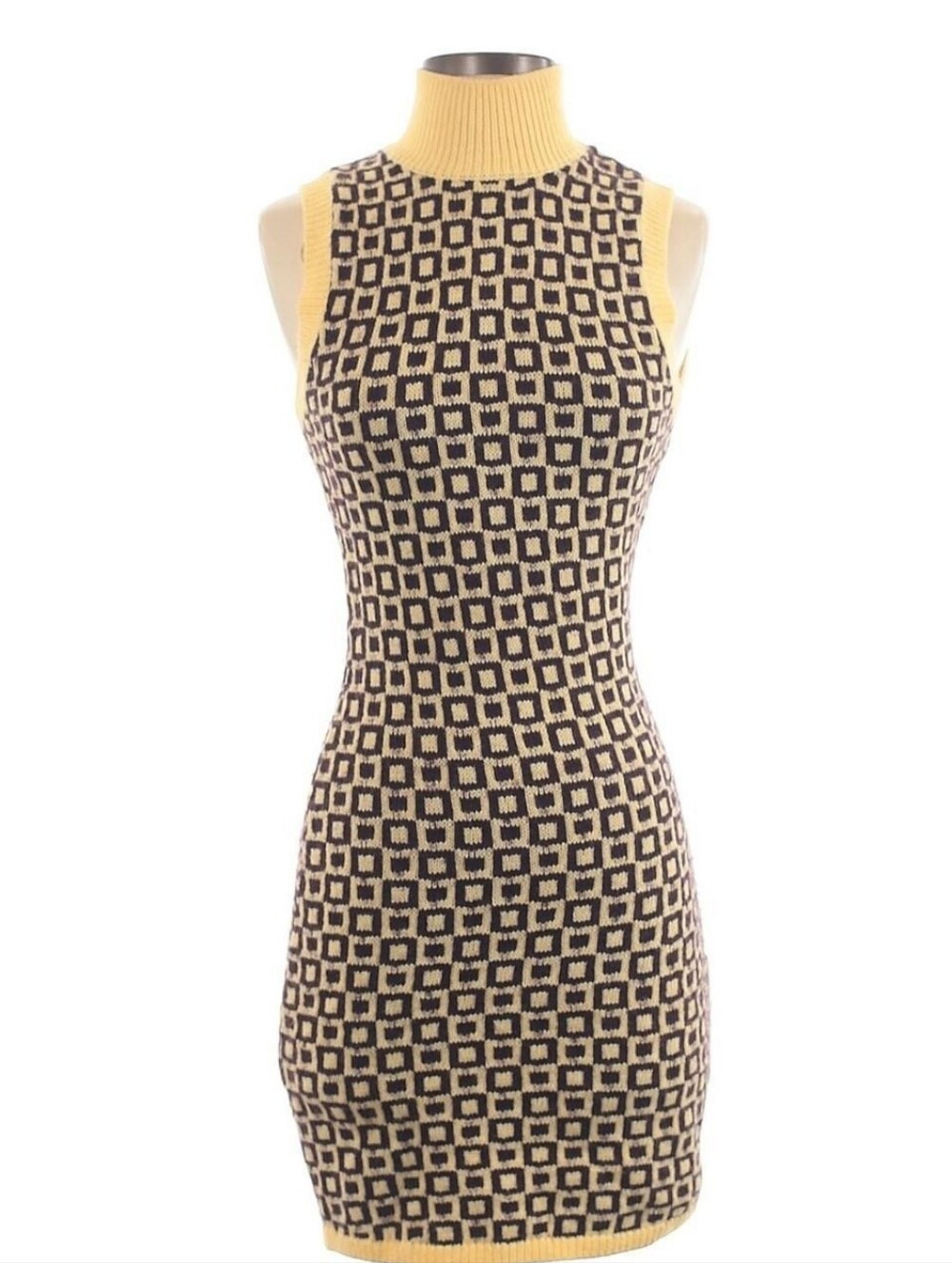 Zara yellow and brown geometric Jaqxquard Knit Bodycon Mini Sweater dress